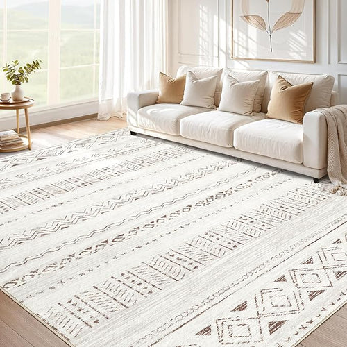 Area Rug Living Room: Washable Boho Rugs with Non Slip Backing Large Soft Indoor Stain Resistant Carpet for Bedroom Farmhouse Dining Room Lightweight Home Decor L Brown/Cream