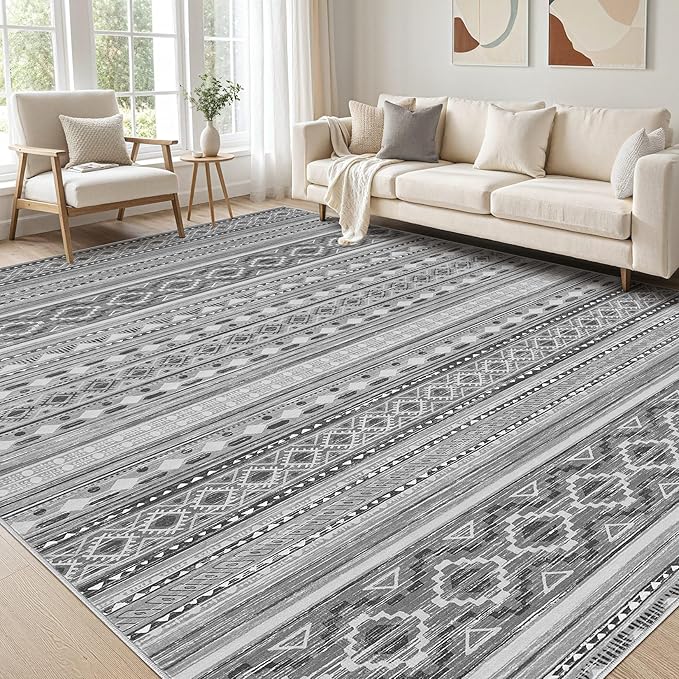 Area Rug Living Room: Washable Boho Rugs with Non Slip Backing Large Soft Indoor Stain Resistant Carpet for Bedroom Farmhouse Dining Room Lightweight Home Decor L Brown/Cream